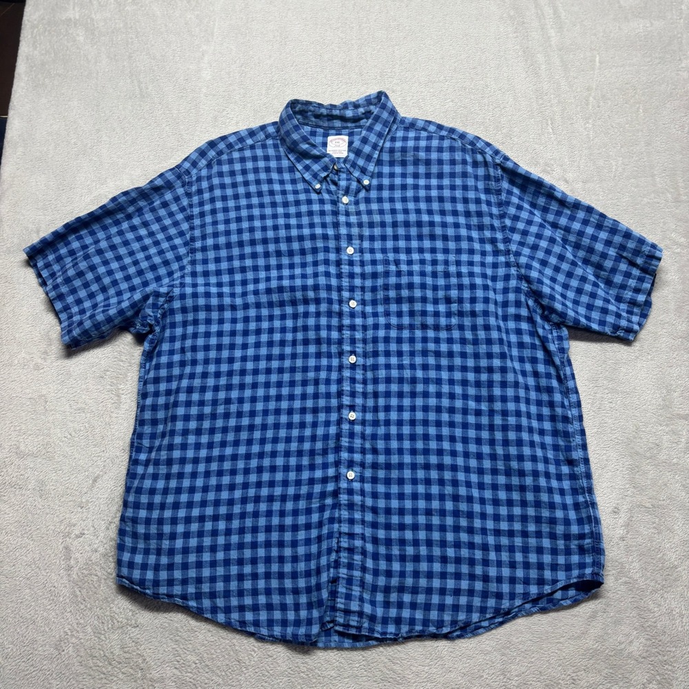 Brooks Brothers 346 Mens XXL Blue Gingham Check 100% Linen SS Button Down Shirt